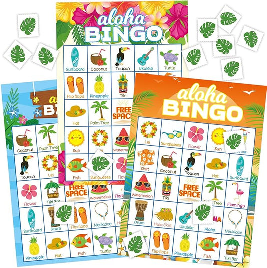 Luau Bingo Game for Kids 24 Players Hawaiian Aloha Tropical Summer Luau Party Games Favors Supplies