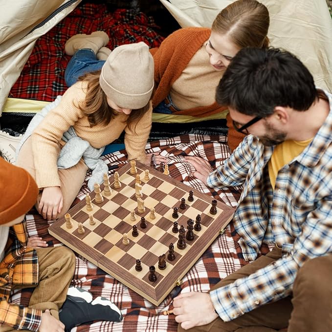 ASNEY Upgraded Magnetic Chess Set, 15" Tournament Staunton Wooden Chess Board Game Set with Magnets, Crafted Chesspiece ans Storage Slots for Kids Adult, Includes Extra Queens