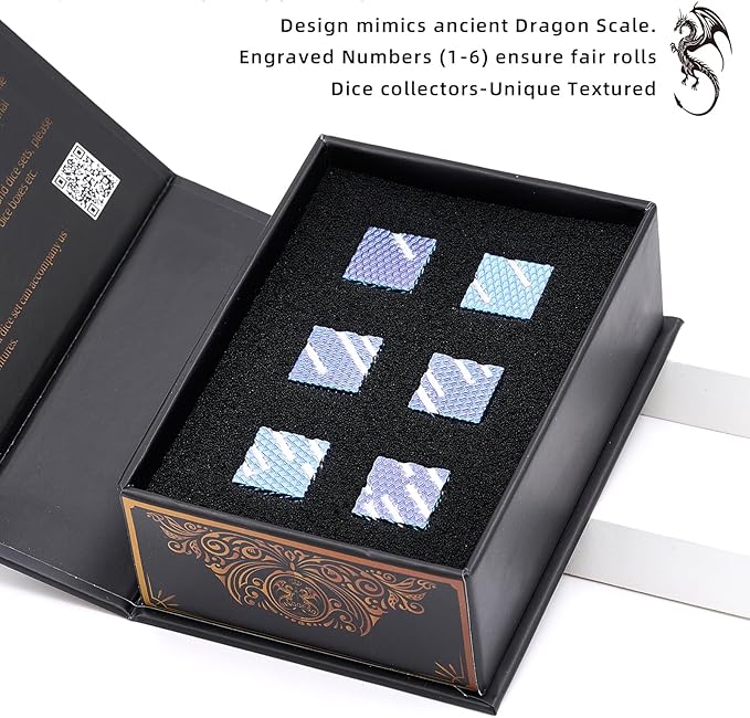 DND Dice Set 6-Piece 16mm Zinc Alloy Metal RPG Dice with Dragon Scale Design for Dungeons and Dragons, Tabletop Role Playing Games (Ls-Gradient Blue Pink