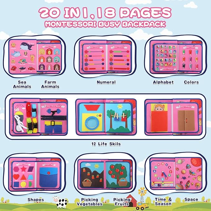 20 in 1 Montessori-Toys Busy Board for Toddlers 1-3, Busy Book for 1 2 3 Year Old Boy Girls Birthday Gift, Preschool Learning Activities Toy, Educational Sensory Toys for Kids Ages 2-4