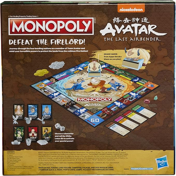 Hasbro Gaming Monopoly: Avatar: Nickelodeon The Last Airbender Edition Board Game for Kids Ages 8 and Up, Play as a Member of Team Avatar (Amazon Exclusive)