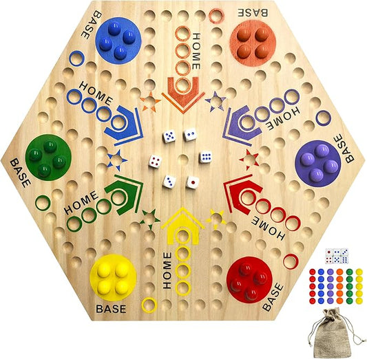 Wooden Board Game, Board Game Original Marble Game Double Sided Painted 2 to 6 Player Fast Track Board Game Wooden with 6 Colors 24 Marbles 6 Dice for Adults Kids Family(20 INCH)