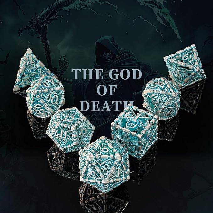 D&D Dice Set, Hollow Blue White Metal Grim Reaper Dice of 7 Piece,Polyhedral DND Dice Role PlayGaming for Dungeons and Dragons Table Game MTG or RPG (Blue and White)