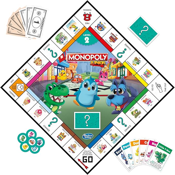 Hasbro Gaming Monopoly Junior Board Game, 2-Sided Gameboard, 2 Games in 1, Monopoly Game for Younger Kids Ages 4 and Up, Kids Games for 2 to 6 Players