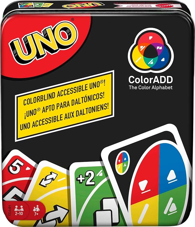 Mattel Games UNO Card Game ColorADD for Colorblind & Color Sighted Players, Travel Game in Storage Tin for 2 to 10 Players