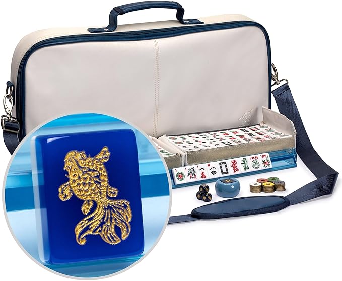 Yellow Mountain Imports American Mahjong Set, Koi Fish with Soft White Leatherette Case, Four Acrylic All-in-One Racks with Pushers, Wind Indicator, Dice, and Wright Patterson Count Scoring Coins