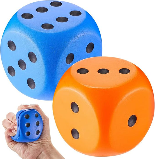 Zomiboo 2 Pcs Large Foam Dice Stress Balls Soft Jumbo 6 Sided Giant Dice Educational Learning Squeeze Anxiety Relieve Toy Gifts for Adults Kids Board Game Classroom(Blue, Orange,2.3 Inch)