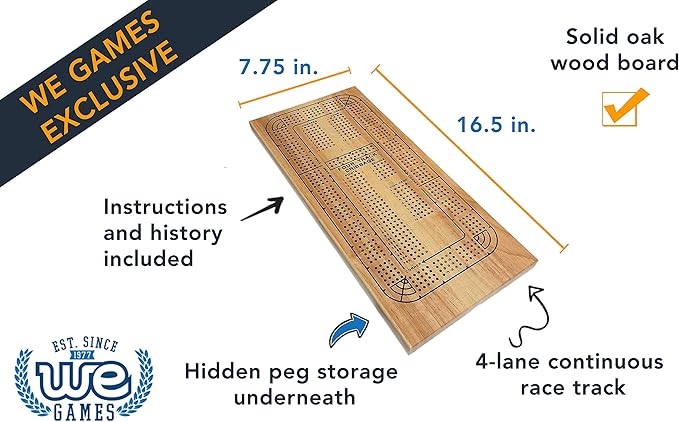WE Games 4 Player Wooden Cribbage Board, Solid Natural Wood 4 Track Board, Plastic Pegs and Instructions, Card Games for Families and Adults
