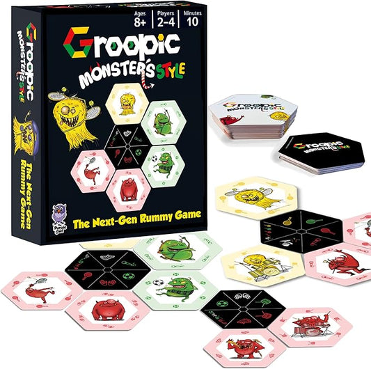 Groopic Monster's Style - A Fun Twist on The Beloved Rummy Game. Board Games for Family Night, Card Games for Kids 8-12, Innovative Rummy Card Game Set, Tile Games for Families, Ages 8+