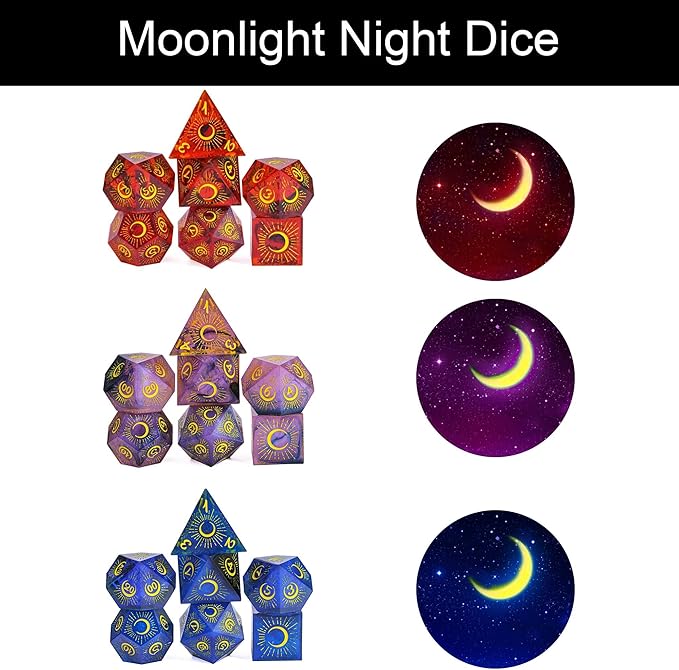 Cusdie Sharp Edges DND Dice, 7 PCs Moon Dice Set D&D Dice, Handcrafted Polyhedral Dice Set, for Role Playing Game Pathfinder(Moon/Purple Black)