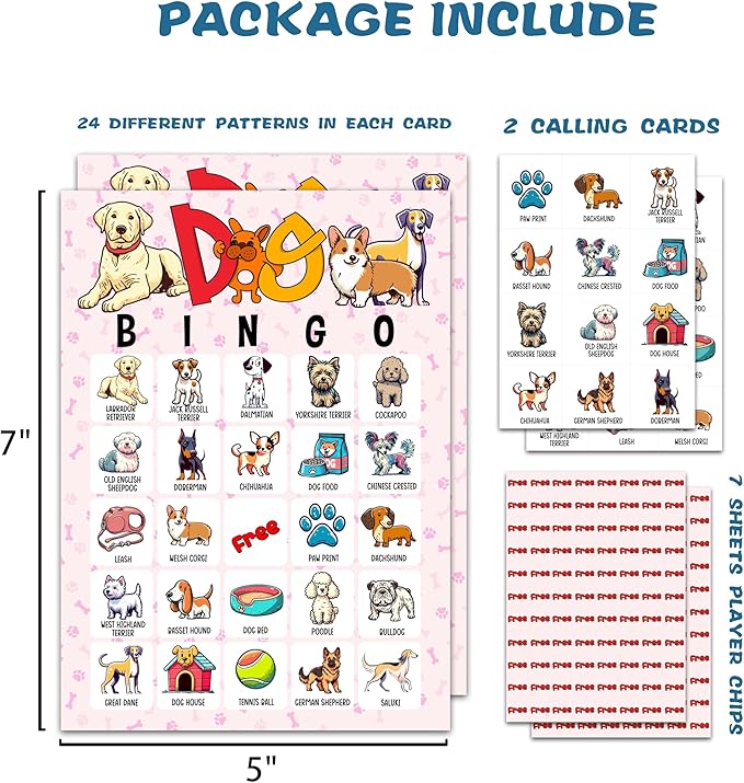 Dog Bingo Card Game for Adults - Puppy Party Supplies, Favors, Pawty Decorations, Dog Lovers Gift - 24 Players, C07