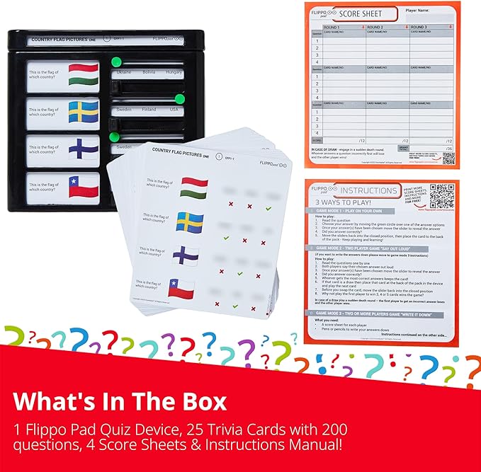 Quiz Device Game - Country Flag Pictures - Trivia Quiz Game - 25 Cards - 200 Questions - Educational & Fun - Ideal Travel Games for Kids - Family Quiz Games - Portable Pack - Age 6+