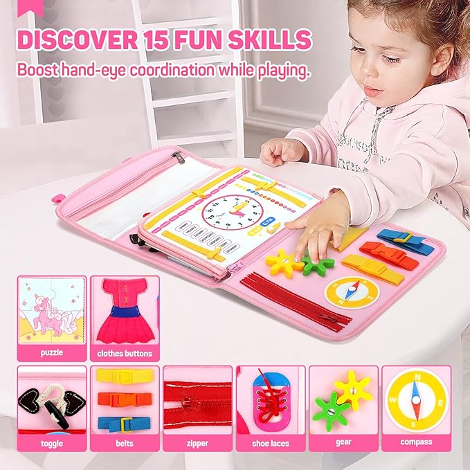 Cokouchyi Toddler Busy Board Backpack Travel, Montessori Toys for 1-4 Year Old Toddlers, First Birthday Gifts for Toddler Girl Age 1-4, Learning Educational Sensory Busy Book for Travel, Princess