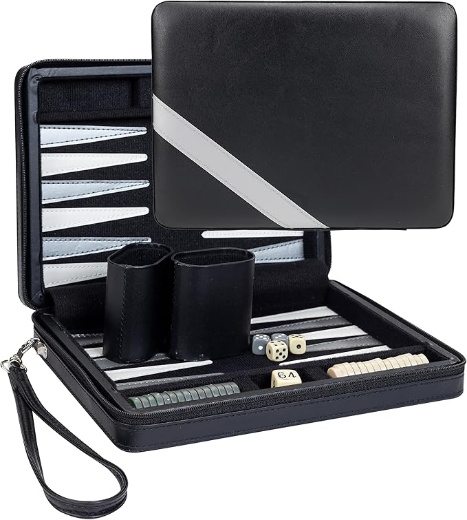 WE Games Backgammon Set, Board Games for Adults - Travel Games - Black with Gray Stripe Magnetic Leatherette Backgammon Board and Carrying Strap - Travel Backgammon Sets for Adults