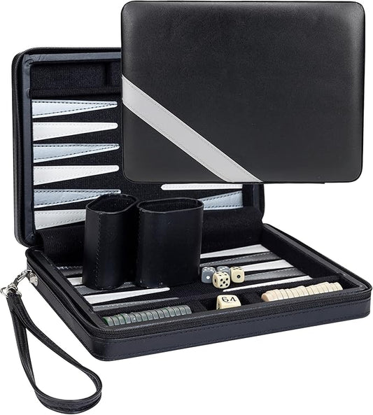 WE Games Backgammon Set, Board Games for Adults - Travel Games - Black with Gray Stripe Magnetic Leatherette Backgammon Board and Carrying Strap - Travel Backgammon Sets for Adults