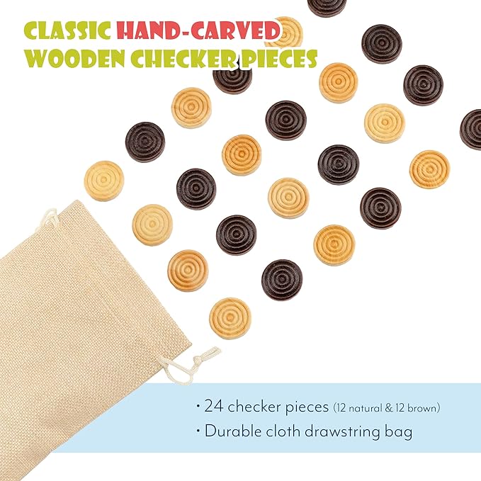 Classic Stackable Wooden Checkers in Natural Wood Color (24 Pieces); with Drawstring Cloth Storage Bag, 1 1/8 Inch
