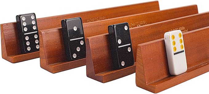 Wooden Domino Holders Set of 4 Wooden Domino Racks for Mexican Train Dominoes Accessories Domino Stand for Domino Tiles, Mexican Train, Mahjong, Chicken Foot and Other Domino Games(1 Row Dark Red)