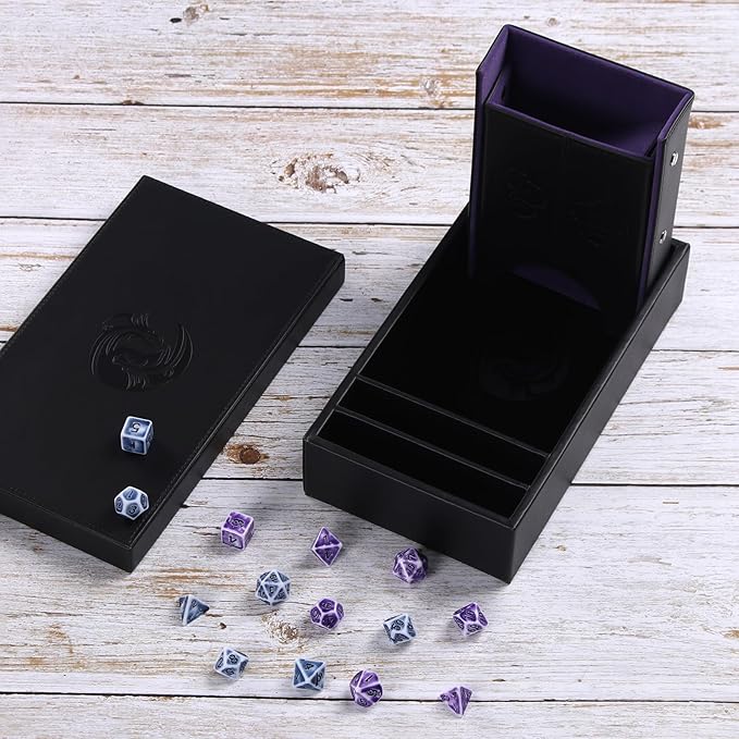 DND Dice Tower and Tray Set with Non-Scratch Felt Lined Rolling and Velvet Surface - Folding Auto Dice Roller Dice Rolling Tower for RPG Board and Table Games