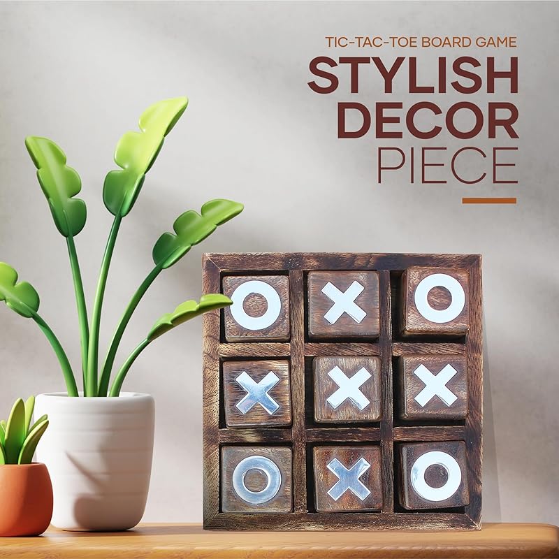 Wooden Tic Tac Toe Game | Board game for kids and family | Table Top Living Room Decor Fun Game | Indoor Outdoor Adults classic Travel Game (Burnt Wood)