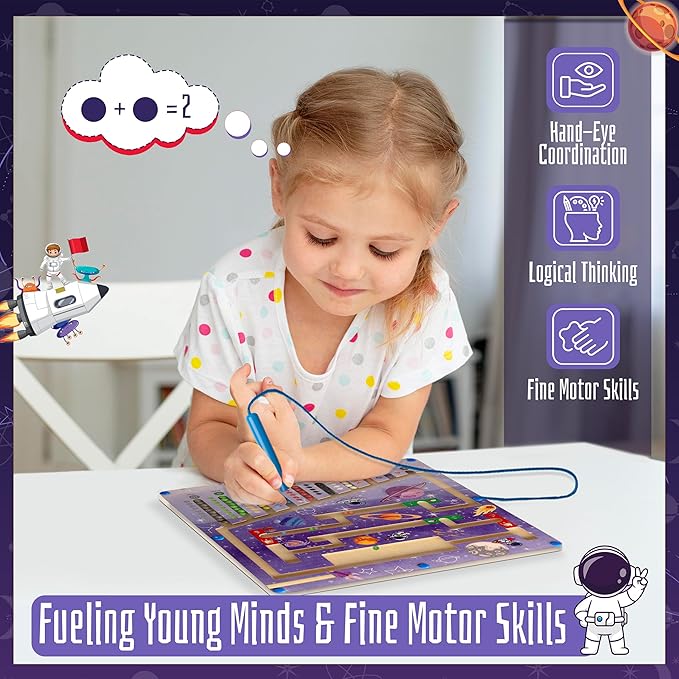 Magnet Color and Number Maze, Montessori Maze Board, Magnetic Maze for Kids Ages 3-5, Montessori Toys, Toddler Toys Ages 3-7, Space Themed Toys, Travel Toy for Toddlers