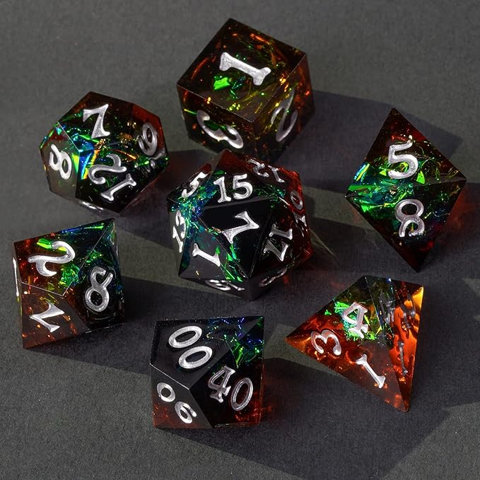 DND Dice Set Sharp Edge Galaxy Dice Handmade Resin Polyhedral Dice for Dungeon and Dragons RPG D20 Tabletop Roleplaying Party Games (Dark Brown & Green)