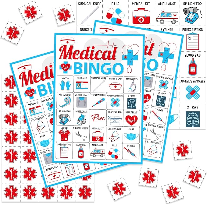 Cheereveal Nurse Graduation Party Games - Bingo Game with 12 Player Chips, 24 Medical Bingo Cards for 2025 Nursing Grad Party Activities and Supplies