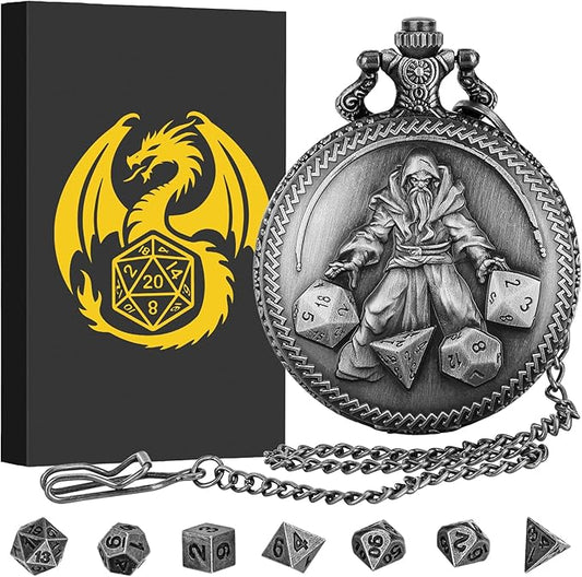 Mini DND Dice Set, Hand Held Dice Wizard Pocket Watch Shell Case, 7 Piece Polyhedral Metal D&D Dice Set, DND Gifts with Gift Box, Role Playing Board Game Accessories, Dark Silver