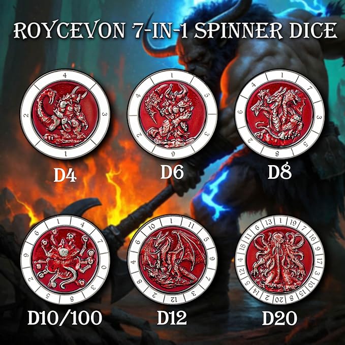 7 in 1 Spinner DND Dice Set, Metal D and D Dragon Dice with Gift Box, Role Playing Dice, Black Red