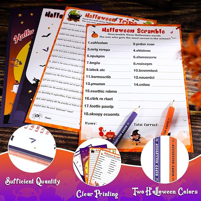Kathfly 120 Pcs Halloween Games for Adults Include 2 Sets 40 Halloween Games Cards 20 Answer Cards and 20 Pencils, Baby Shower Party Supplies Word Scramble for Adults Groups (Horrible)