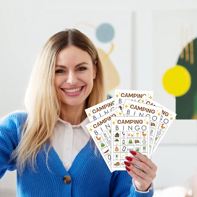 5"x7" Camping Bingo Game Cards (24 Kinds), Campground Activity for Family, Outdoor Indoor, Hiking, Road Trip Activities, Camp Birthday Theme, Campfire Bingo