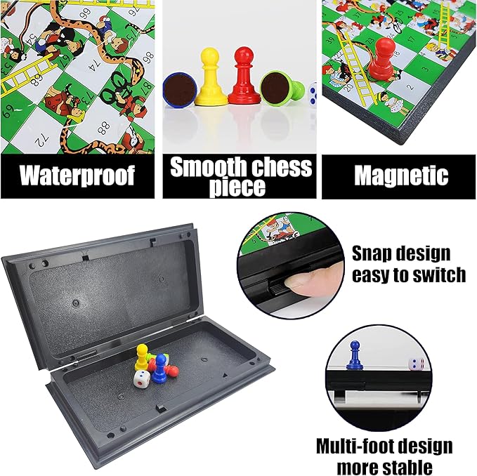 KIDAMI Magnetic Snakes and Ladders Board Game Set, Folding Portable Design and Light-Weight, Travel Game Set Gift for Kids and Adults
