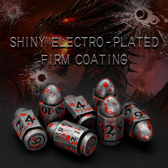 Bullet DND Dice for Dungeons and Dragons, Solid Metal Dice Set D&D with Box Polyhedral D and D Dice for Role Playing Tabletop D20 D12 D10 D8 D6 D4 (Bullet Sliver Blood Spot)