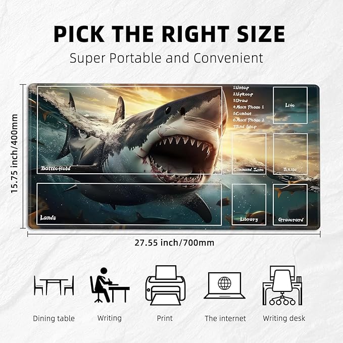 for MTG Playmat with Zones Storage Bag,for TCG Playmat and Playing Card Mat for Magic Board Games, Shark Non Slip Stitched Edges Game Mat, Rollable Foldable Card Playmats