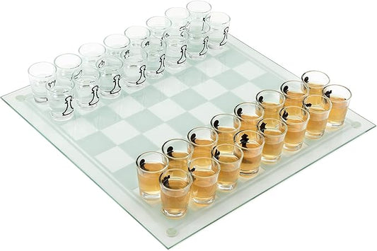 True Shot Glass Chess Game, Chess Board with Shot Glass Chess Pieces, Clear Glass and Frosted Glass, Chess Drinking Game