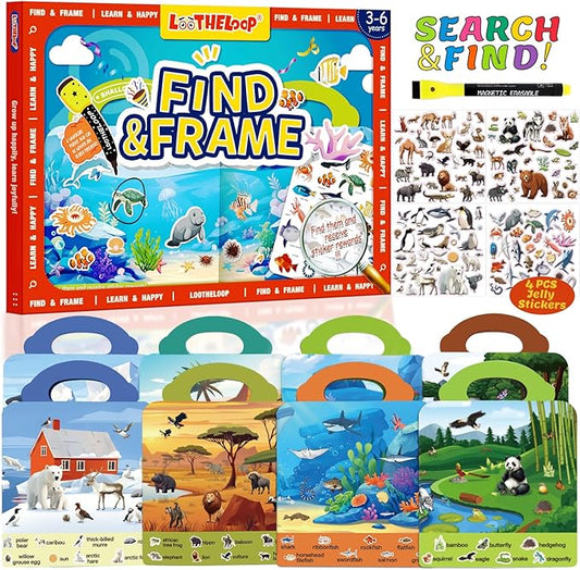 Reusable Search Game and Find Sticker Books for Kids 3-5, Educational Preschool Learning Car Airplane Road Trip Activities for Toddlers Travel Toys 2-4 Year Old, Christmas Birthday Gift for Girls Boys