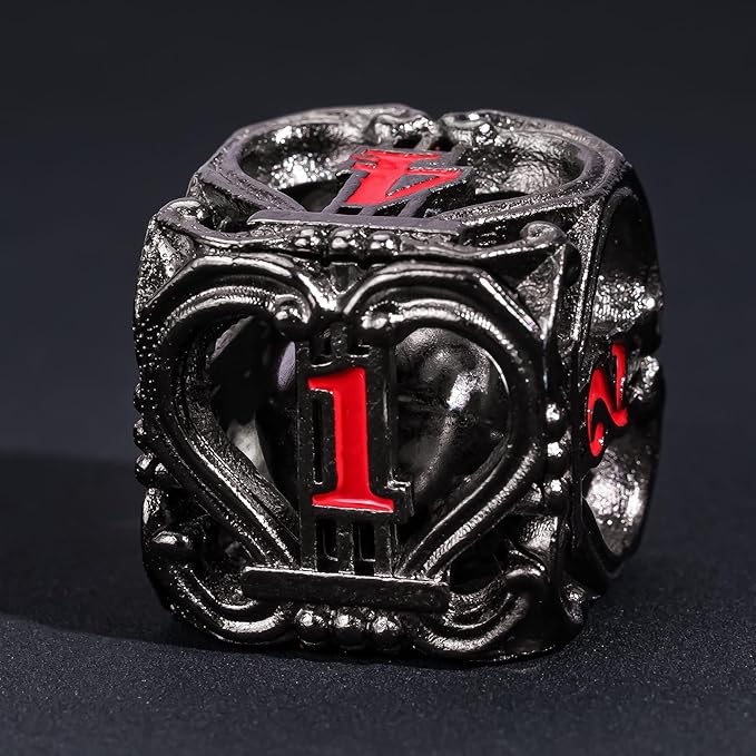 Cusdie 7-Die Metal Dice Set - Hollow Design with Bells - Crisp Sounding Gaming Dice in Tin Box - Perfect for Tabletop RPGs & Board Games(Black w/Red Numbers)