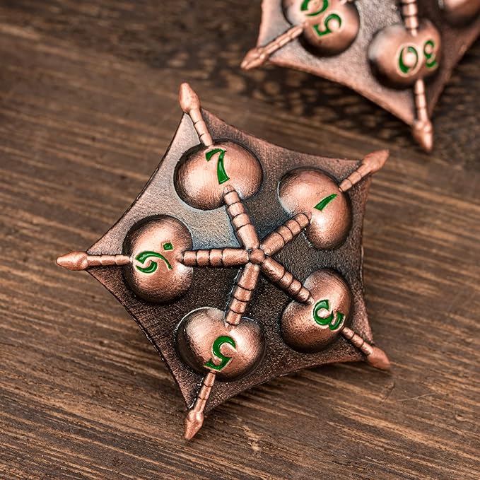 UDIXI Metal DND Dice Set, 7PCS Polyhedral Dice Set D&D with Unique Shape for Dungeons and Dragons Role Playing Games RPG Board Games (Copper with Green Number)