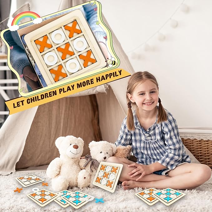 12 Pack Wooden Tic Tac Toe Games Wood Tic-Tac-Toe Bulk XO Table Chess Board Game for Boys Girls Family Activities Educational Toys Birthday Party Favors