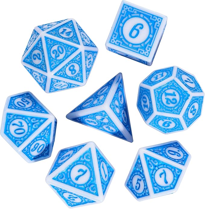 7PCs DND Dice Set, Unique Window Lattice Pattern D&D Dice Set with Leather Die Bag, Polyhedral Die for Dungeons and Dragons, RPG Table Games (Blue/White)