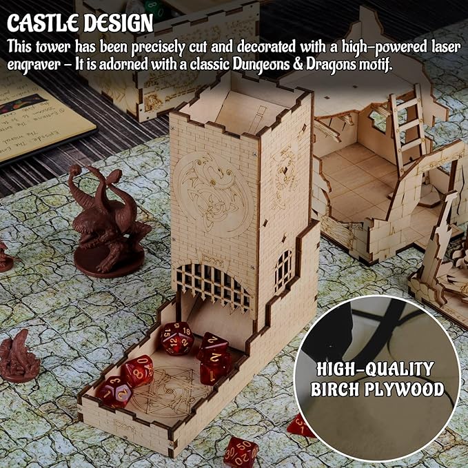 Castle Dice Tower with Tray Wood Laser Cut Dragon Carving Easy Roller Perfect for Board Game, D&D and RPG (Castle)