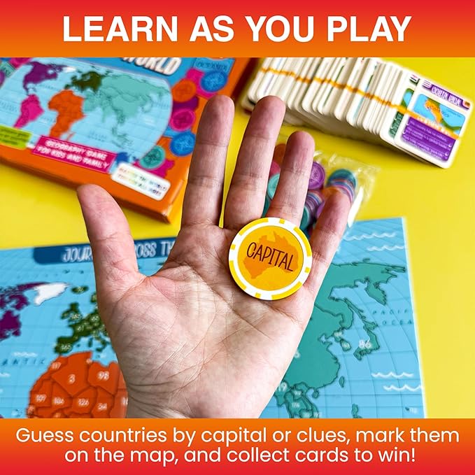 QUOKKA World Map Geography Game for Kids Ages 8-12 and Families – Learn Capitals, Flags, Facts, and Map Locations with 195 Country Cards, Chips, Board & Coin – Fun World Learning Game