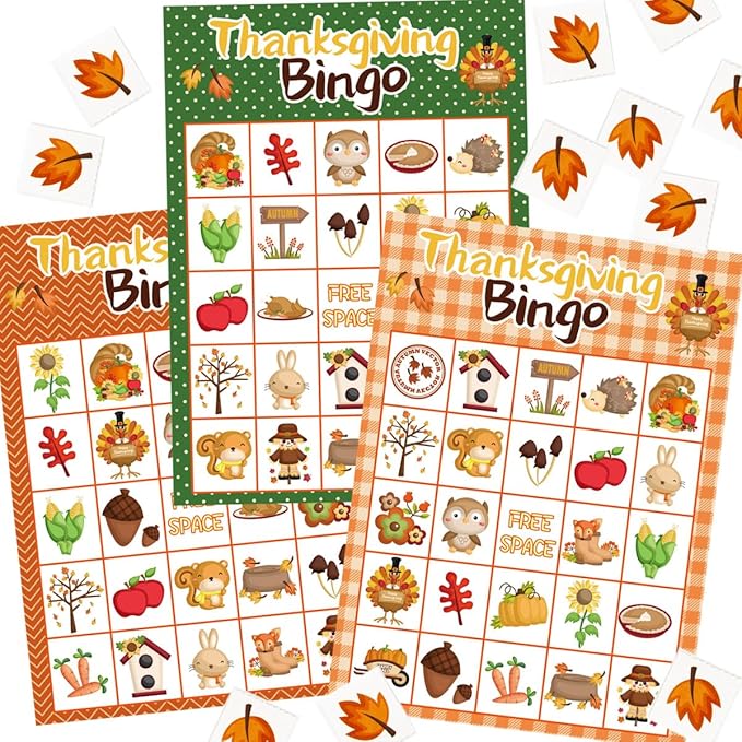 Thanksgiving Bingo Game for Kids 24 Players 8 Designs Multi Color Holiday School Activity Party Game Supplies