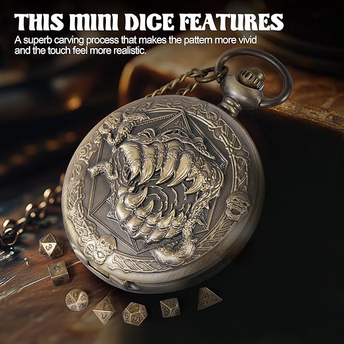 D&D Dice Set,7PCS Metal Dice for Dungeons and Dragons,Mini Dice Set with Pocket Watch Case,Role Playing Board Games Accessories (Monster, Bronze)
