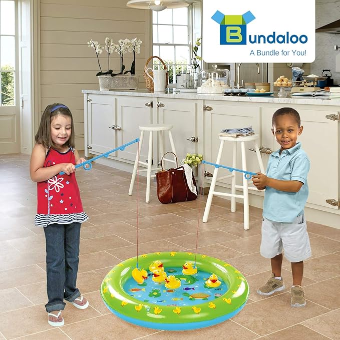 Bundaloo Duck Fishing Game Contest - Fun Carnival Game and Outdoor Party Toy for Kids - Inflatable Pond, 2 Rope Fishing Poles With Hooks, 6 Floating Ducks