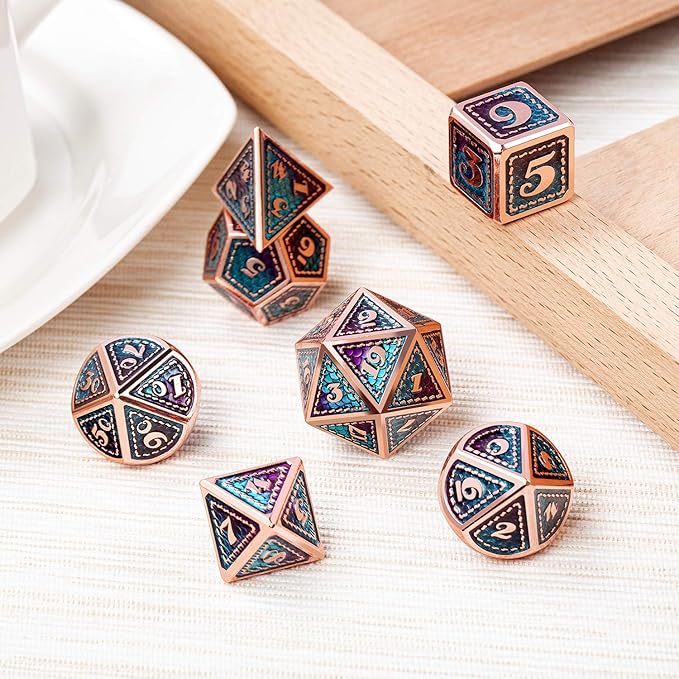 DNDND Metal D&D Dice Set,7 Pieces Dragon Scale Metallic D&D Die with Gift Metal Case for Dungeons & Dragon Game (Teal and Purple with Copper Edge)