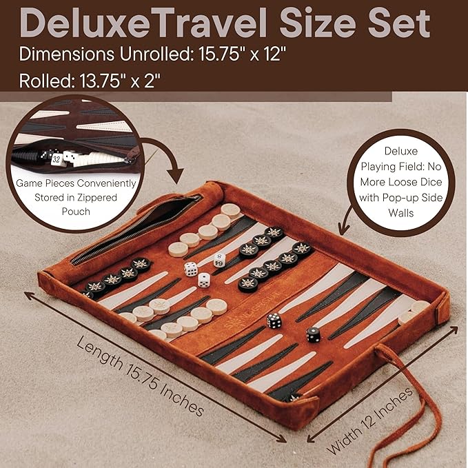 Sondergut Roll-up Portable Suede Deluxe Backgammon Game Set- Elegant Design Engraved Wood Stones Pop-Up Playing Field - Ideal for RV Travel, Cruise, Airplane, Camping, Backpacking, Road Trips, Etc.