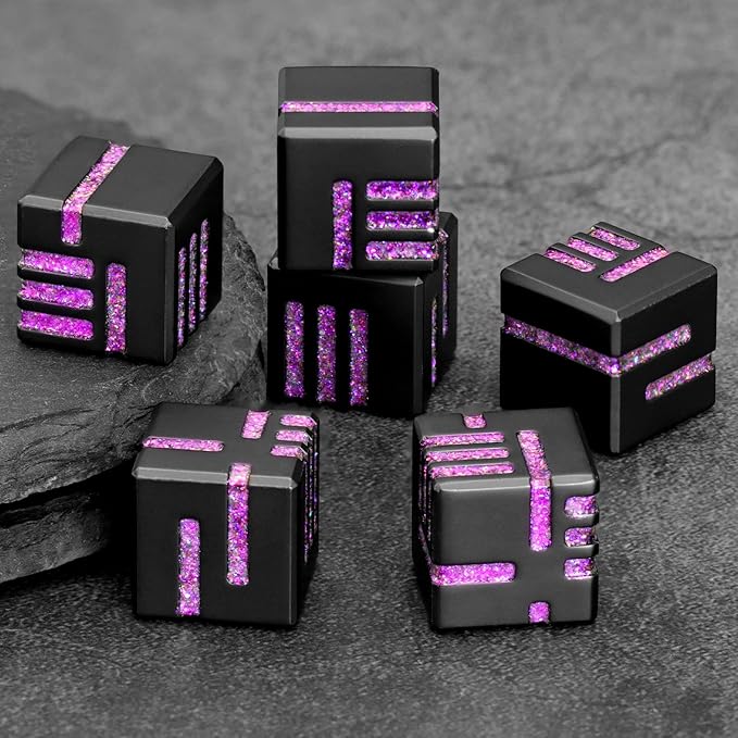ZHOORQI D6 Metal Dice, 16mm 6 Sided Dice Set, 6Pcs/Set Tech-Themed New Concept Glittery Lines D6 Dice for DND, Tabletop RPGs Gifts（D6-Glitter Purple）
