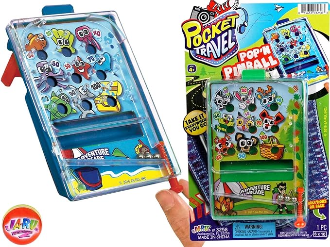 JA-RU Pocket Travel Toy Set (5 Toys) Kids Mini Handheld Games. Pinball Machine, Finger Basketball, Fishing Game, Magnetic Beard, & Small Tic Tac Toe. Party Favors. 3255-3258-3257-3205-3256p