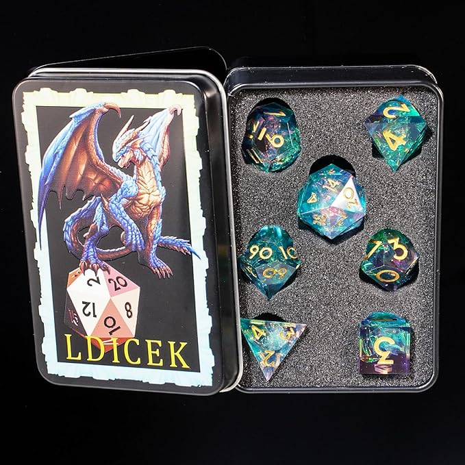 DND Dice Set Dungeons and Dragons Dice Sharp Edged Dice Set of 7 DND Faceted Dice Golden Numbers and Beautiful Iron Box Perfect for Dungeons & Dragons RPG and Board Game(Cyan Purple)