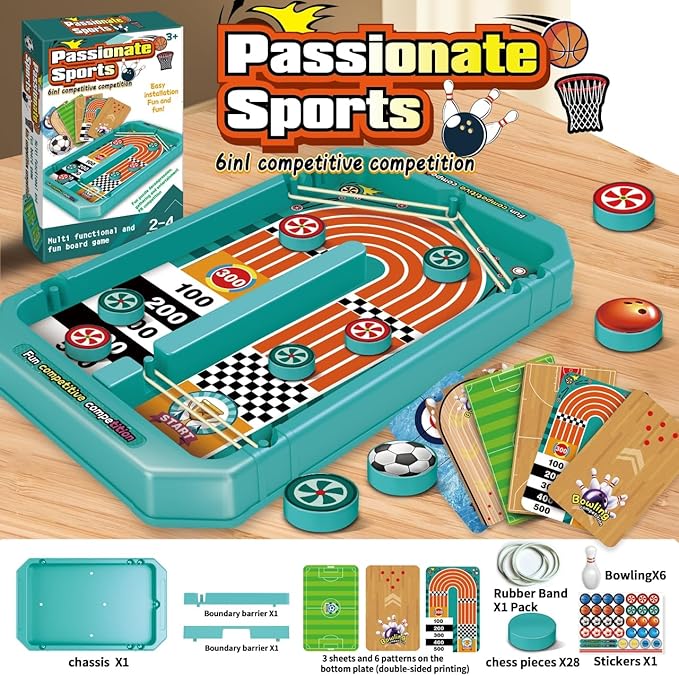 6-in-1 Fast-Paced Gameplay,Board Finger Soccer,Fast Sling Puck Set,Mini Bowling Game,Basketball Shooting Game,Points Game,Kids&Adults Slingshot Board Game,2-4players Interactive Families Toys